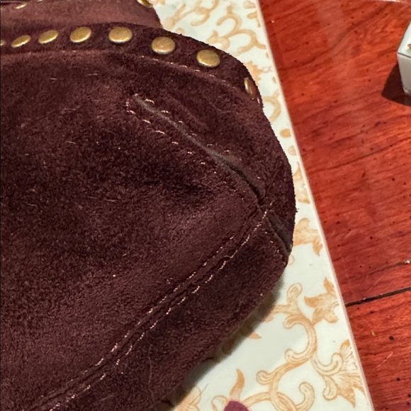 KOOBA DARK BROWN SUEDE CLUTCH WITH ANTIQUE GOLD RIVETS - Picture 9 of 10